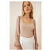 Happiness İstanbul Women's Cream Square Collar, Knitted Textured Blouse