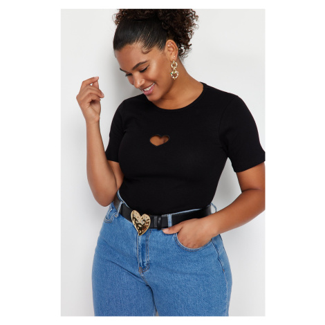 Trendyol Curve Black Heart Cut-Out Detail Ribbed Knitted T-shirt