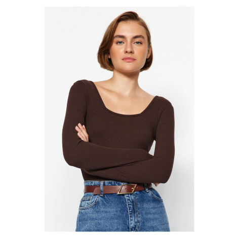 Trendyol Brown Square Collar Long Sleeved Corduroy Stretchy Knitted Bodysuit