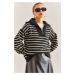 Bianco Lucci Women's Zippered Striped Knitwear Pullover Sweatshirt