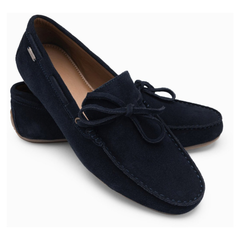 Ombre Men's leather moccasin shoes with thong and driver sole - navy blue