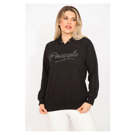 Şans Women's Plus Size Black Stone And Lace Detailed Hooded Sweatshirt
