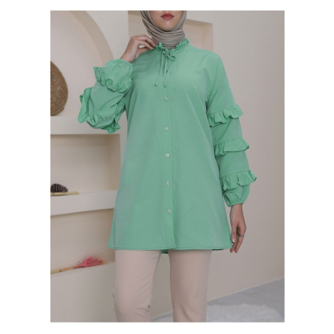 Modamorfo Lace-Up Collar, Tiered Sleeves, Frilled and Buttoned Tunic