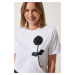 Happiness İstanbul Women's White Flower Detailed Cotton Oversize T-Shirt