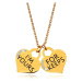 Oceľový náhrdelník zlatej farby, dva srdiečkové prívesky s nápismi a zirkónikmi