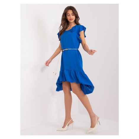 Cobalt blue dress with ruffles and flower