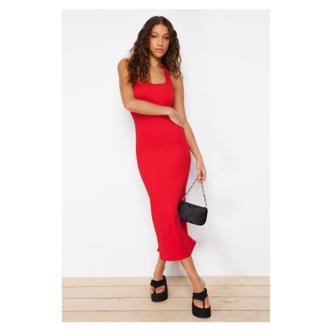 Trendyol Red Fitted Square Neck Ribbed Stretchy Knitted Maxi Pencil Dress