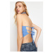 Trendyol Blue High Collar Crop Backless Flexible Knitted Blouse