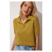 Happiness İstanbul Women's Oil Green Polo Neck Openwork Summer Knitwear Blouse