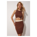 Happiness İstanbul Women's Brown Ribbed Crop Skirt Summer Knitwear Suit