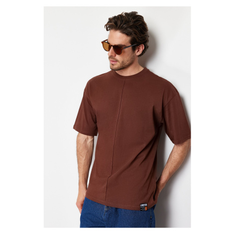 Trendyol Brown Oversize 100% Cotton T-Shirt with Stitching Detail