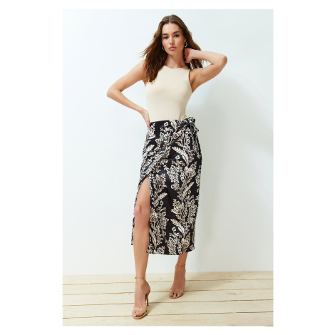 Trendyol Multi Color Front Tie Detail Double Breasted Closure Satin Midi Woven Skirt