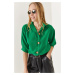 Olalook Women's Grass Green Wooden Buttoned Three Quarter Sleeve Linen Shirt