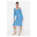 Trendyol Blue Modrý vypasovaný midi úplet Cardigan Dress Suit