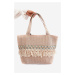 Large Nude Missalori Woven Beach Bag with Fringe