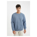 DEFACTO Blue Oversize Fit Wide Mold Crew Neck Thick Fabric Basic Plain Sweatshirt