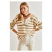 Bianco Lucci Women's Neck Shearling Fur Striped Zipper Knitwear Sweater