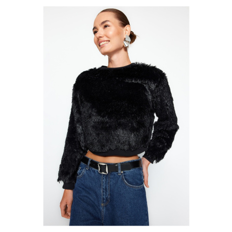 Trendyol Black Plush Fabric Regular/Normal Fit Crop Knitted Sweatshirt