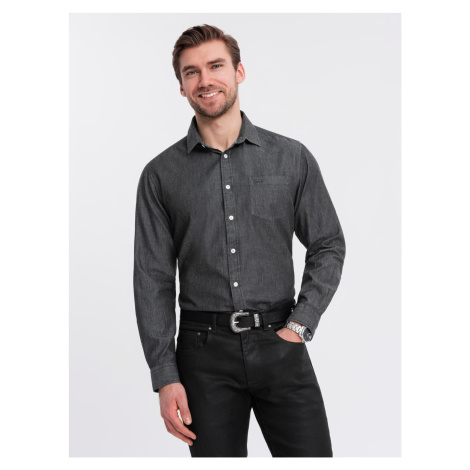 Ombre Men's denim shirt with embroidered pocket - black