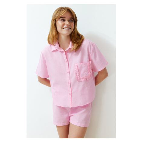 Trendyol Pink 100% Cotton Pocket Ruffle Detailed Woven Pajama Set