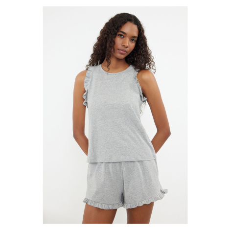 Trendyol Grey Melange 100% Cotton Ruffle Detailed Knitted Pajama Set