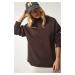 Happiness İstanbul Women's Brown High Neck Basic Raised Sweatshirt