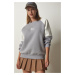 Happiness İstanbul Women's Gray White Color Block Raised Sweatshirt