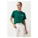 Trendyol Emerald Green 100% Cotton Slogan Printed Relaxed/Comfortable Fit Pocket Detail Knitted 