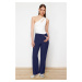 Trendyol Navy Blue Ribbed High Waist Straight Cut Woven Trousers