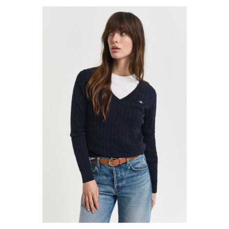 SVETER GANT STRETCH COTTON CABLE V-NECK EVENING BLUE