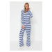 Trendyol Navy Blue-White Striped Cotton Corduroy Tshirt-Pants Knitted Pajama Set