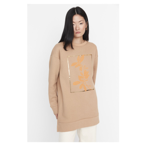 Trendyol Light Brown Front Printed Soft Pile Thick Knitted Sweatshirt