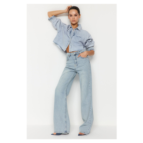 Trendyol modré bledé efekt vintage džínsy s vysokým pásom a širokými nohavicami