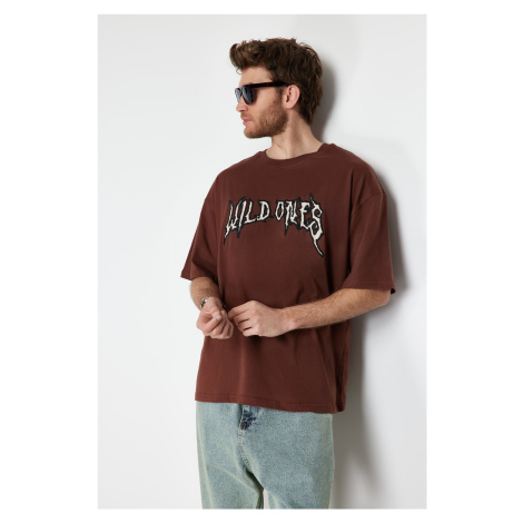Trendyol Brown Oversize Custom Embroidered 100% Cotton T-Shirt
