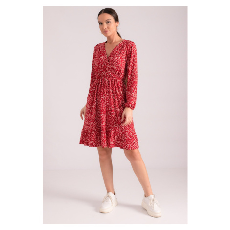 armonika Women's Red Double Breasted Neck Skirt Ruffled Elastic Waist Long Sleeve Dress