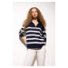 DEFACTO Women's Navy Blue Regular Fit Polo Collar Striped Basic Plain Knitwear Sweater