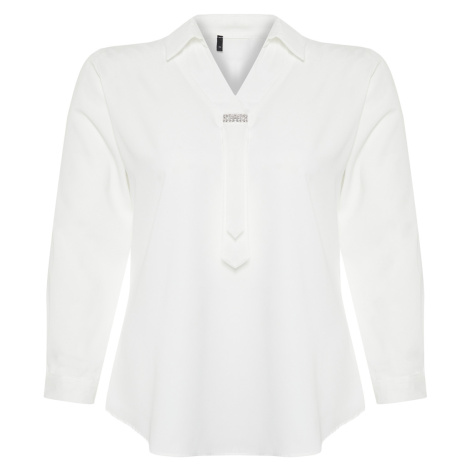 Trendyol Curve White Woven Large Size Stoned Shirt Collar Blouse