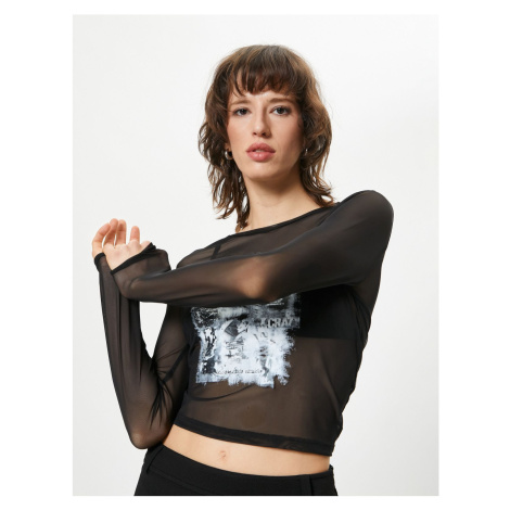 Koton Transparent T-Shirt Printed Long Sleeve Crew Neck