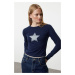 Trendyol Navy Blue Fitted Printed Crew Neck Cotton Stretchy Knitted BlouseBlouse