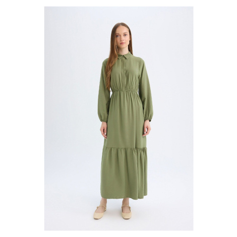 DEFACTO Shirt Collar Basic Plain Buttoned Waist Gathered Long Sleeve Maxi Dress