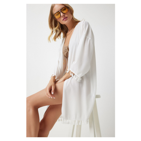 Happiness İstanbul Women's White Fringed Viscose Kimono