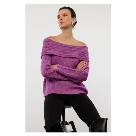 Trendyol Plum Soft Textured Carmen Collar Knitwear Sweater