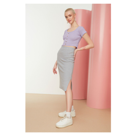 Trendyol Gray Knitted Elastic Midi Skirt with a Slit Detail and Fitted High Waist