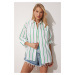 Happiness İstanbul Women's Green White Striped Oversize Long Cotton Shirt