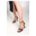 Shoeberry Women's Victor Black Satin Heeled Shoes with Stones.