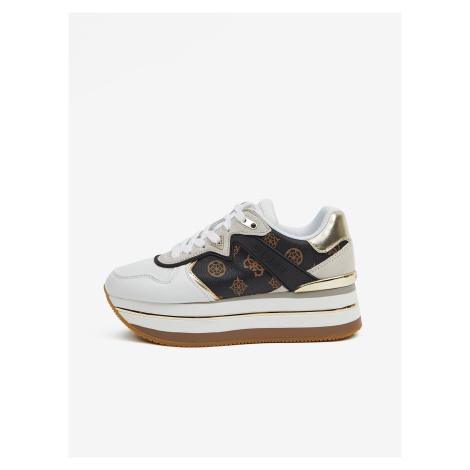 Guess Brown-White Women Patterned Sneakers with Leather Platfor Details - Women
