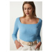 Happiness İstanbul Women's Sky Blue Square Neck Ribbed Knitted Blouse