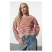 Trendyol Powder Crop Openwork/Hole Striped Crew Neck Knitwear Sweater