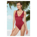 Trendyol Claret Red V-Neck Textured Regular Swimsuit