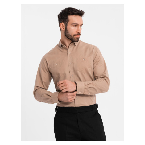 Ombre Men's linen shirt with classic collar and pockets REGULAR FIT - light brown